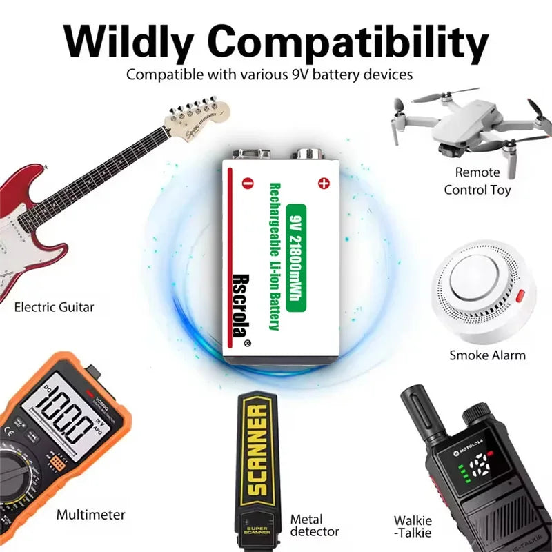 Compatible uses for the rechargeable 9V battery including pedal gear, alarms, meters, and radios