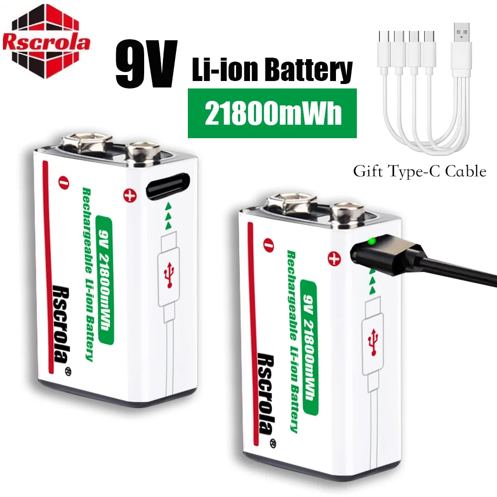 USB-C rechargeable 9V lithium-ion battery shown charging beside an included cable