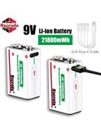 Portrait overview of two rechargeable 9V batteries with USB-C cable and charging port