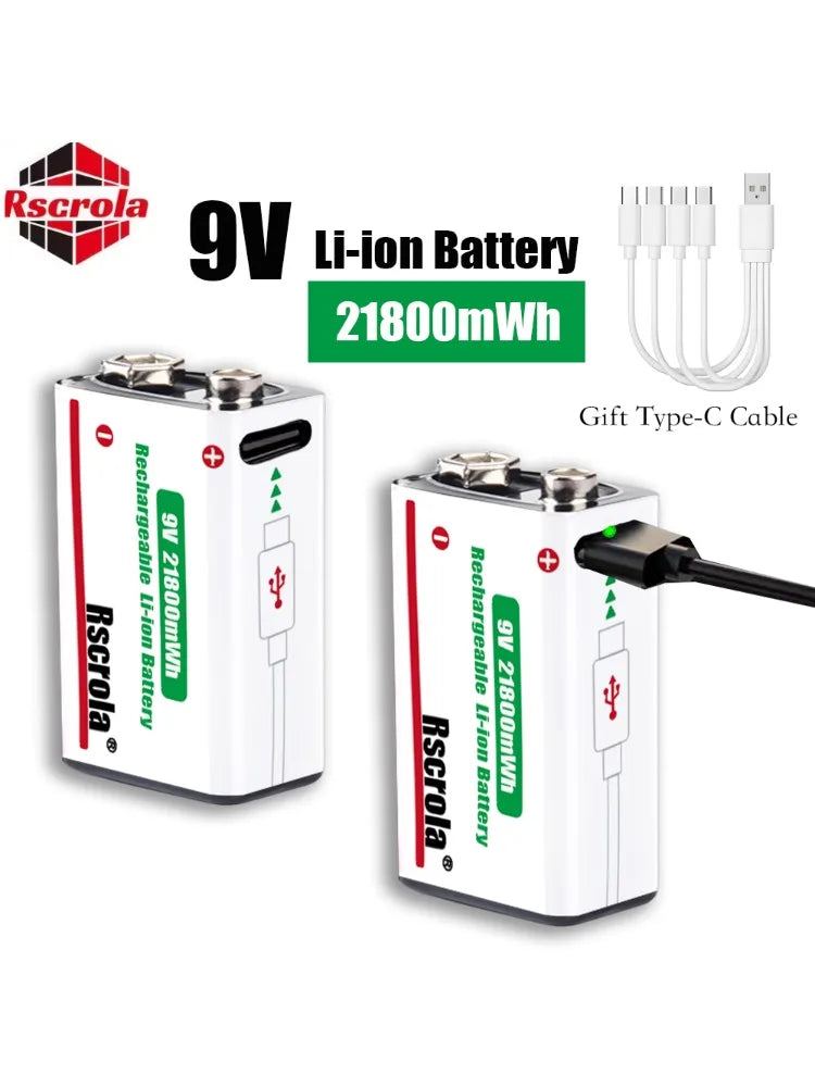 Portrait overview of two rechargeable 9V batteries with USB-C cable and charging port