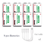 Eight rechargeable 9V batteries with one four-head USB-C charging cable