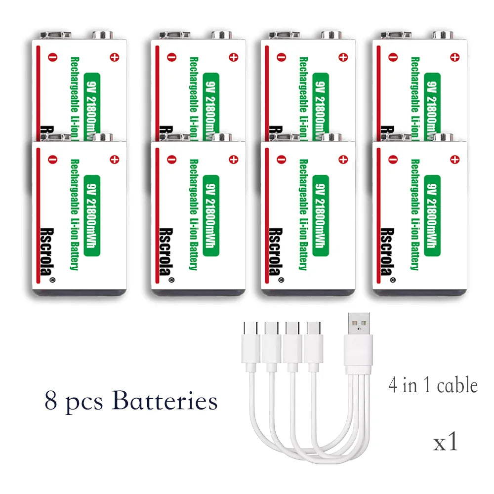 Eight rechargeable 9V batteries with one four-head USB-C charging cable