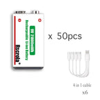 Fifty rechargeable 9V batteries with six four-head USB-C charging cables