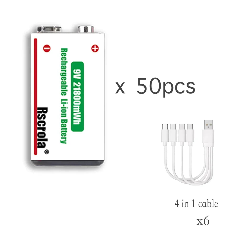 Fifty rechargeable 9V batteries with six four-head USB-C charging cables