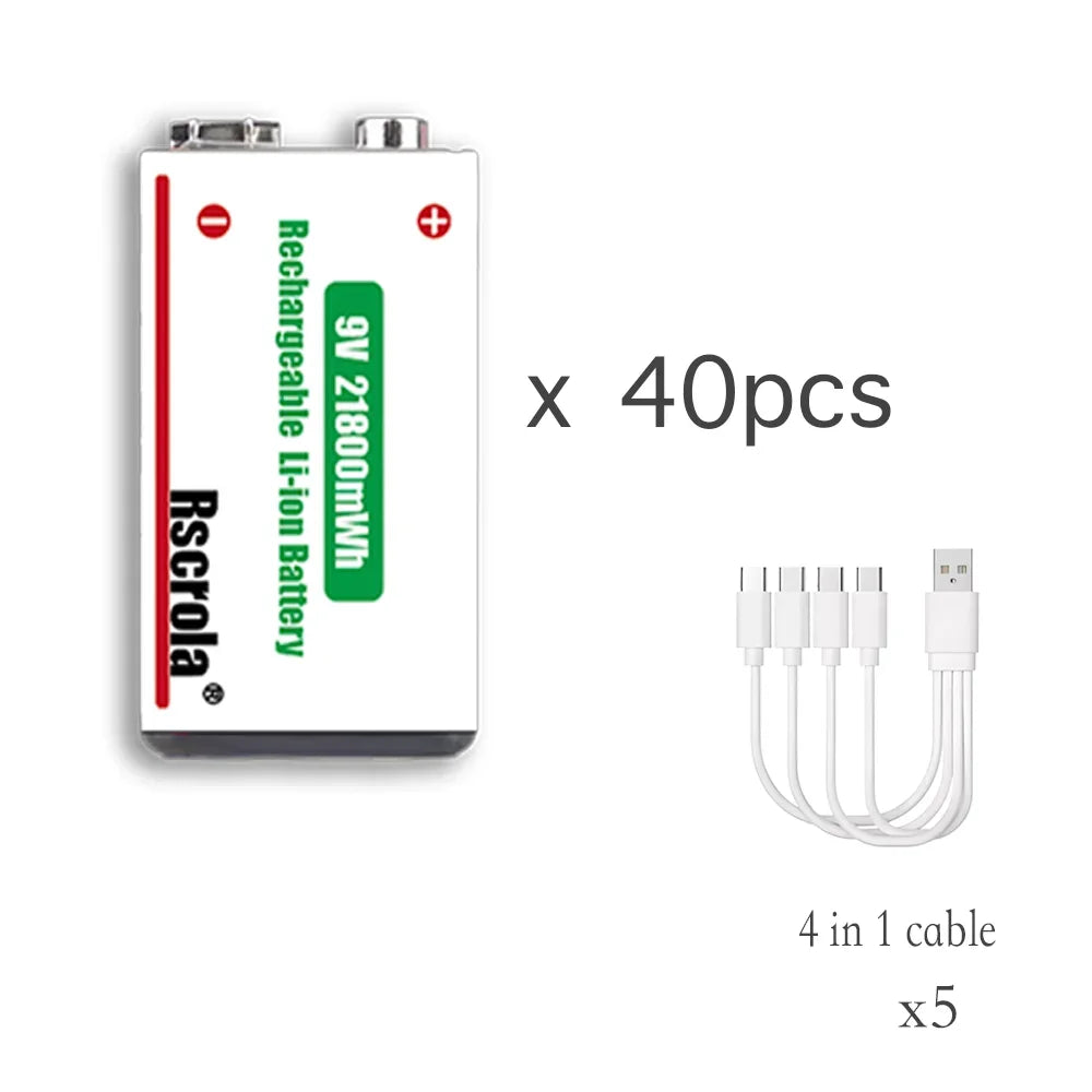 Forty rechargeable 9V batteries with five four-head charging cables package detail