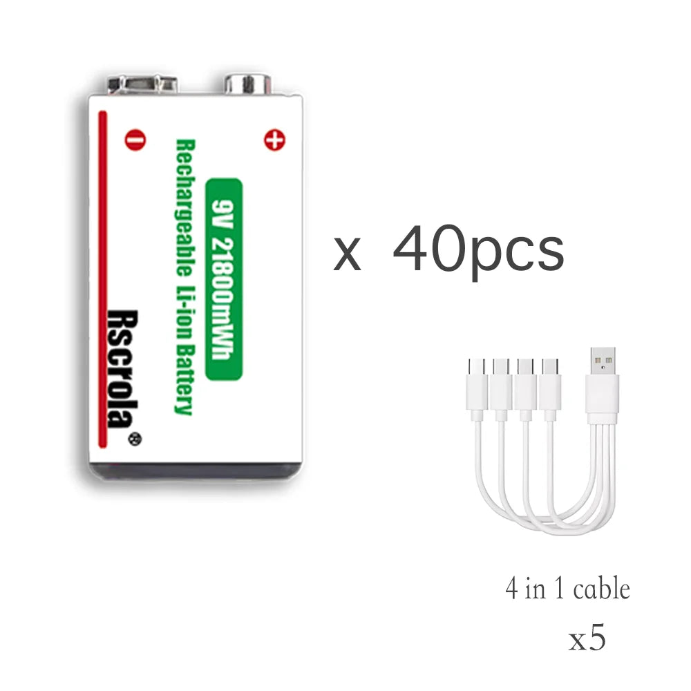 Forty rechargeable 9V batteries with five four-head USB-C charging cables