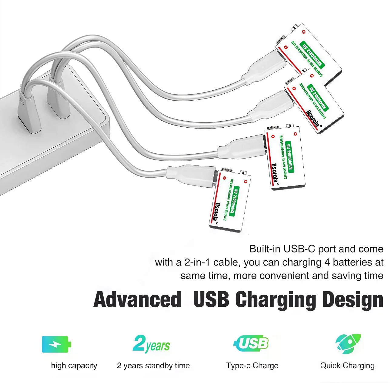 Multi-head USB cable charging four rechargeable 9V batteries at the same time