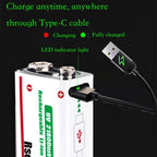 USB-C charging connection and LED indicator colors on the rechargeable 9V battery
