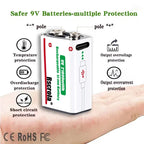Rechargeable 9V battery diagram showing temperature, discharge, short-circuit, voltage, and current protection