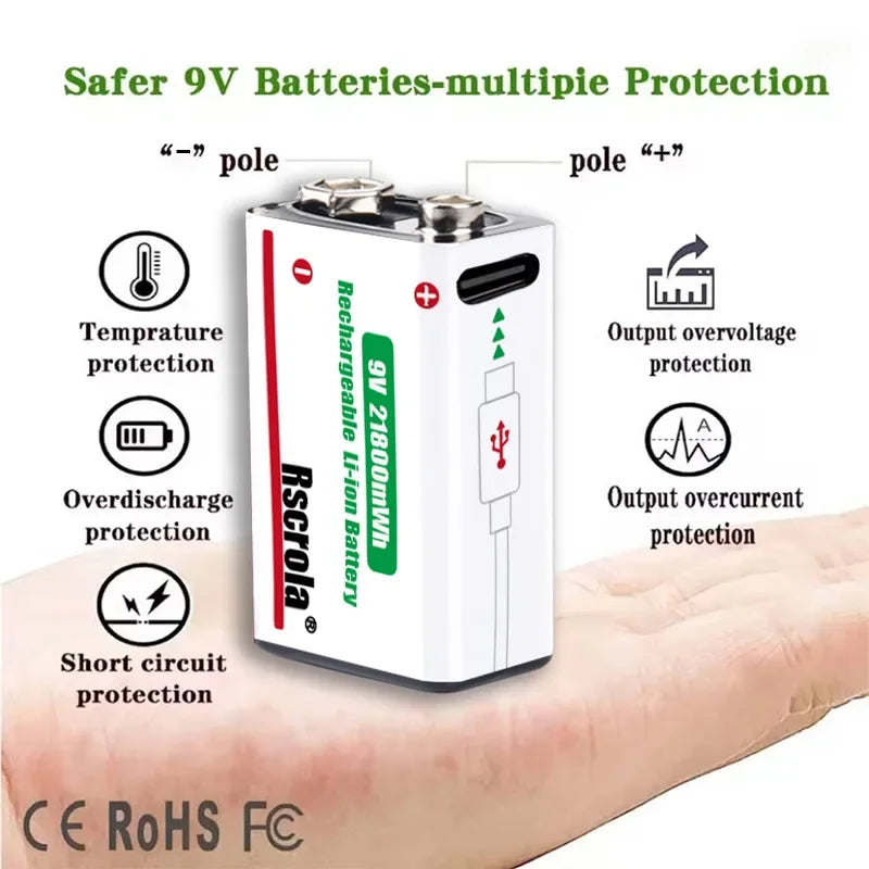 Rechargeable 9V battery diagram showing temperature, discharge, short-circuit, voltage, and current protection
