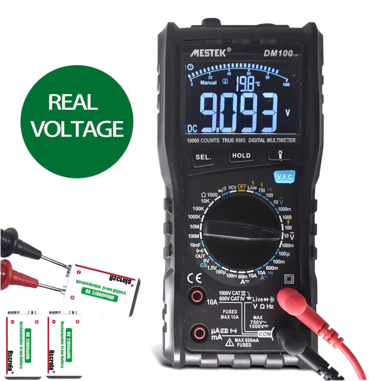 Digital multimeter reading 9.03 volts from the rechargeable 9V battery