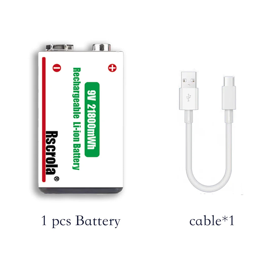One USB-C rechargeable 9V lithium-ion battery with included charging cable