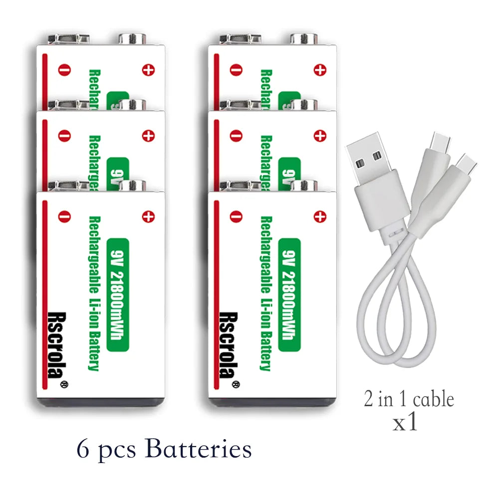 Six rechargeable 9V batteries with one two-head USB-C charging cable