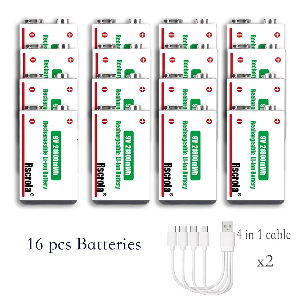 Sixteen rechargeable 9V batteries with two four-head USB-C charging cables