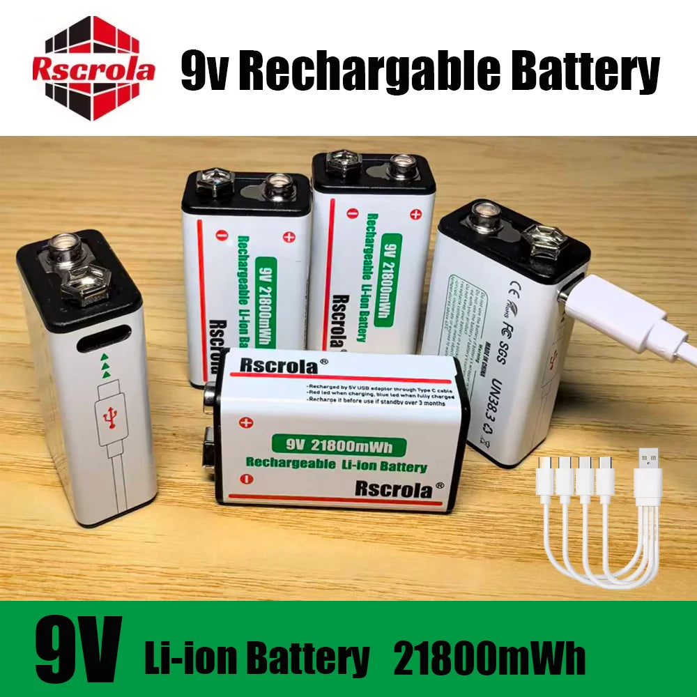 Several rechargeable 9V batteries and a multi-head USB-C cable on a wood surface