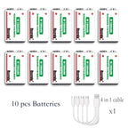 Ten rechargeable 9V batteries with one four-head USB-C charging cable