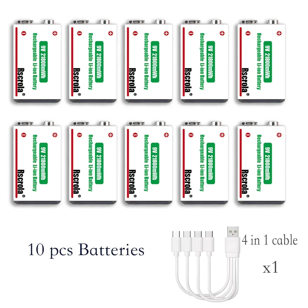 Ten rechargeable 9V batteries with one four-head USB-C charging cable