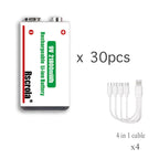 Thirty rechargeable 9V batteries with four four-head USB-C charging cables