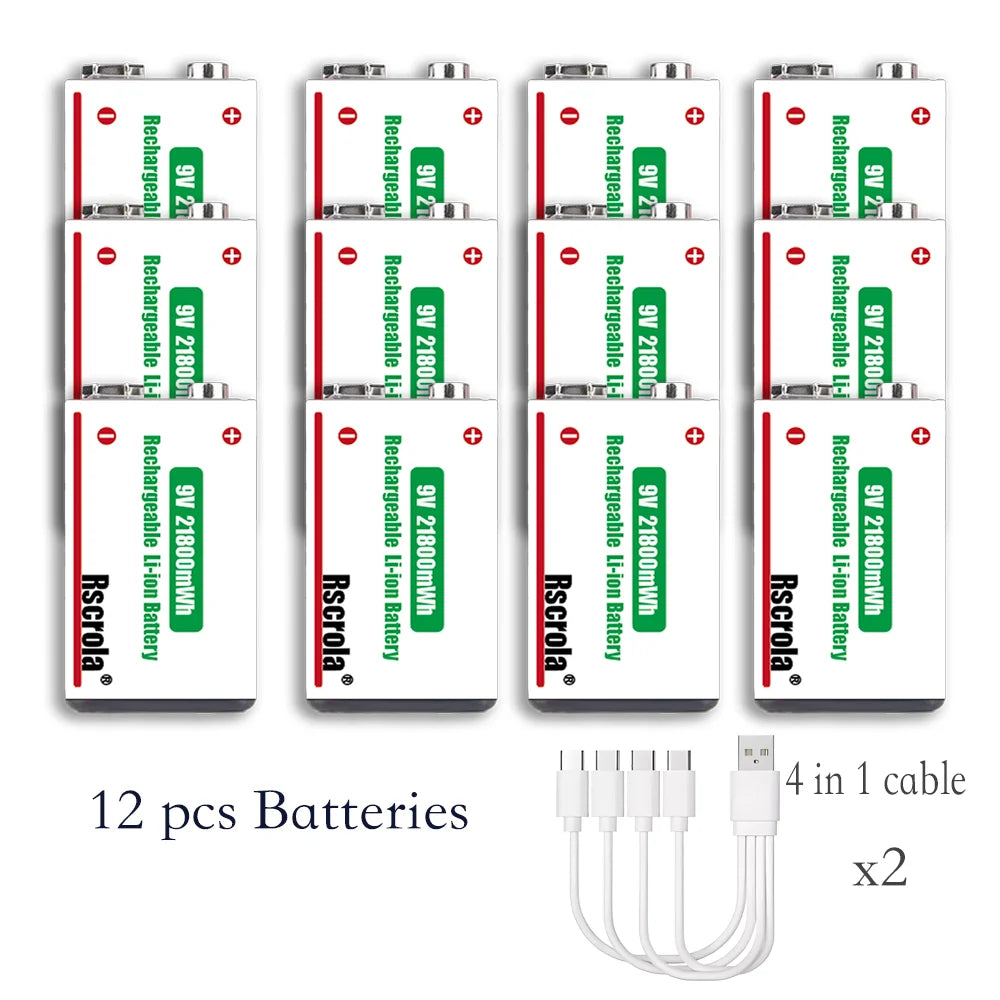 Twelve rechargeable 9V batteries with two four-head USB-C charging cables