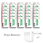 Twenty rechargeable 9V batteries with three four-head USB-C charging cables