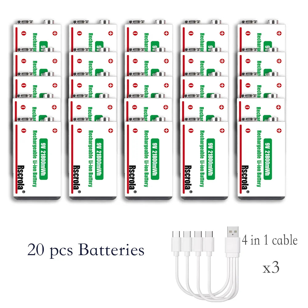 Twenty rechargeable 9V batteries with three four-head USB-C charging cables