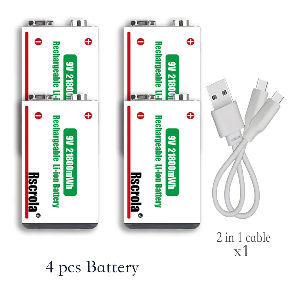 Two USB-C rechargeable 9V batteries with one charging cable