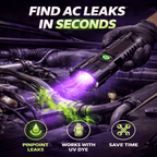 UV Inspection Flashlight – gloved hand directing UV light at fluorescent dye in an engine bay.