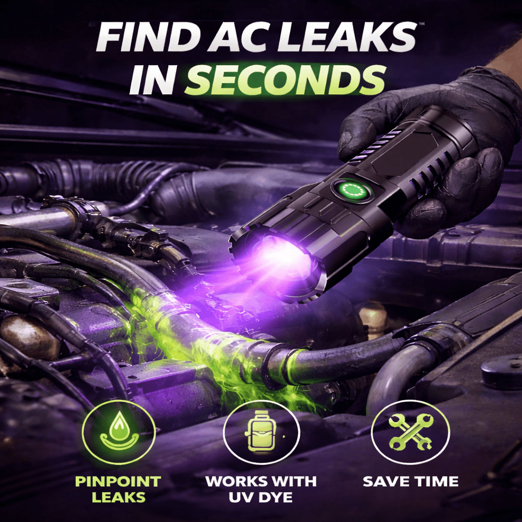 UV Inspection Flashlight – automotive inspection graphic identifying use with compatible UV dye.