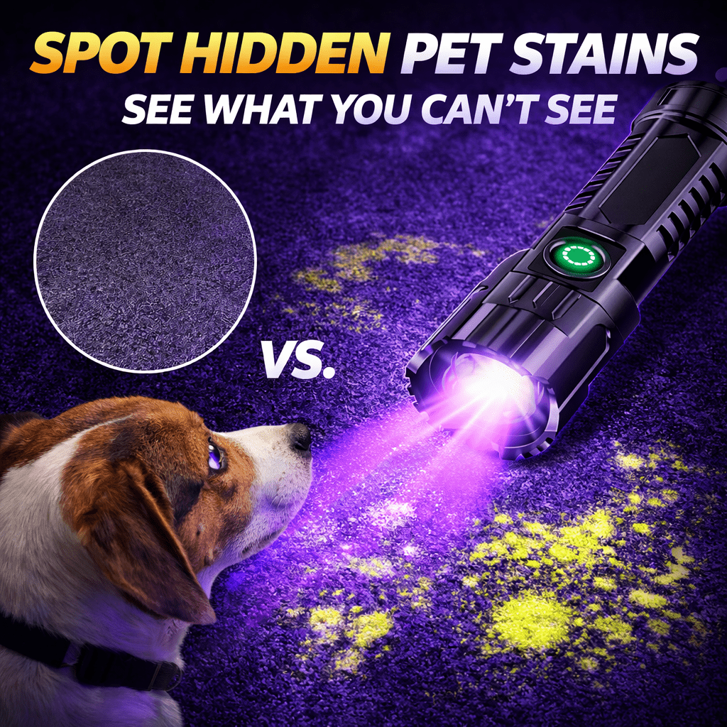 UV Inspection Flashlight – carpet fluorescence comparison graphic beside a brown and white dog.