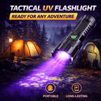 UV Inspection Flashlight – outdoor-use graphic with tents and a black handheld flashlight.