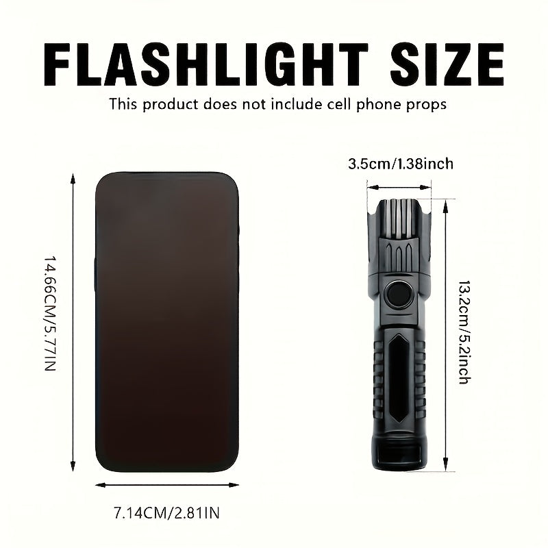 UV Inspection Flashlight – size diagram showing 5.20-inch length and 1.38-inch width beside a phone prop.