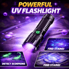 UV Inspection Flashlight – black light close-up with three smaller fluorescence-use illustrations.