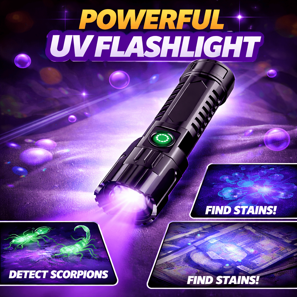 UV Inspection Flashlight – black light close-up with three smaller fluorescence-use illustrations.