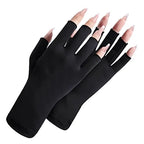 UV Nail Protection Gloves in black worn on overlapping hands with pale nails against a white background