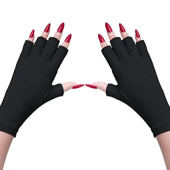 UV Nail Protection Gloves in black with spread fingers and long red nails against a white background