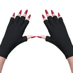 UV Nail Protection Gloves in black showing fingerless hand coverage with long red nails in an alternate image