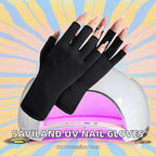 UV Nail Protection Gloves in black displayed above a nail lamp in a supplier promotional graphic