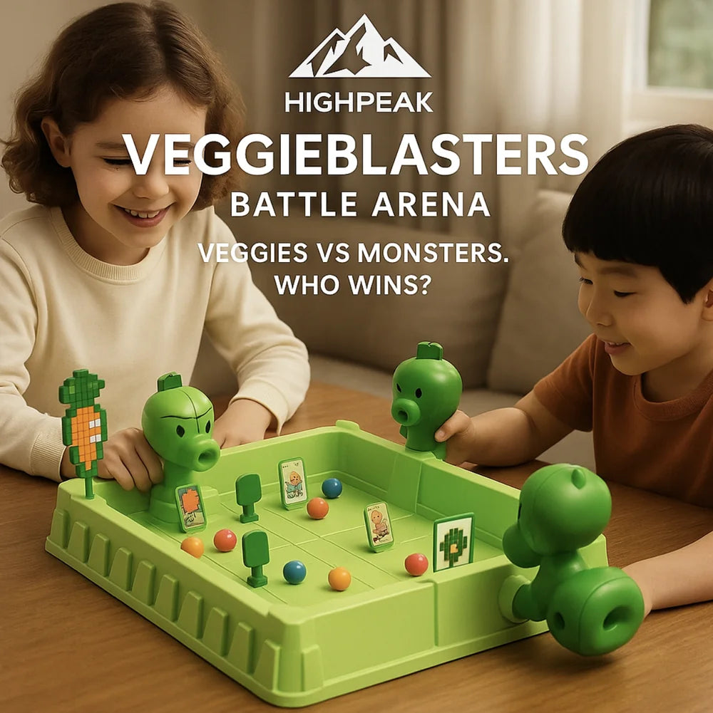 HighPeak VeggieBlasters™ Battle Arena green tabletop game with two kids playing the veggies vs monsters marble shootout.