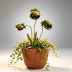 Venus Flytrap Garden Stake with three toothy flower heads arranged in a terracotta-style pot