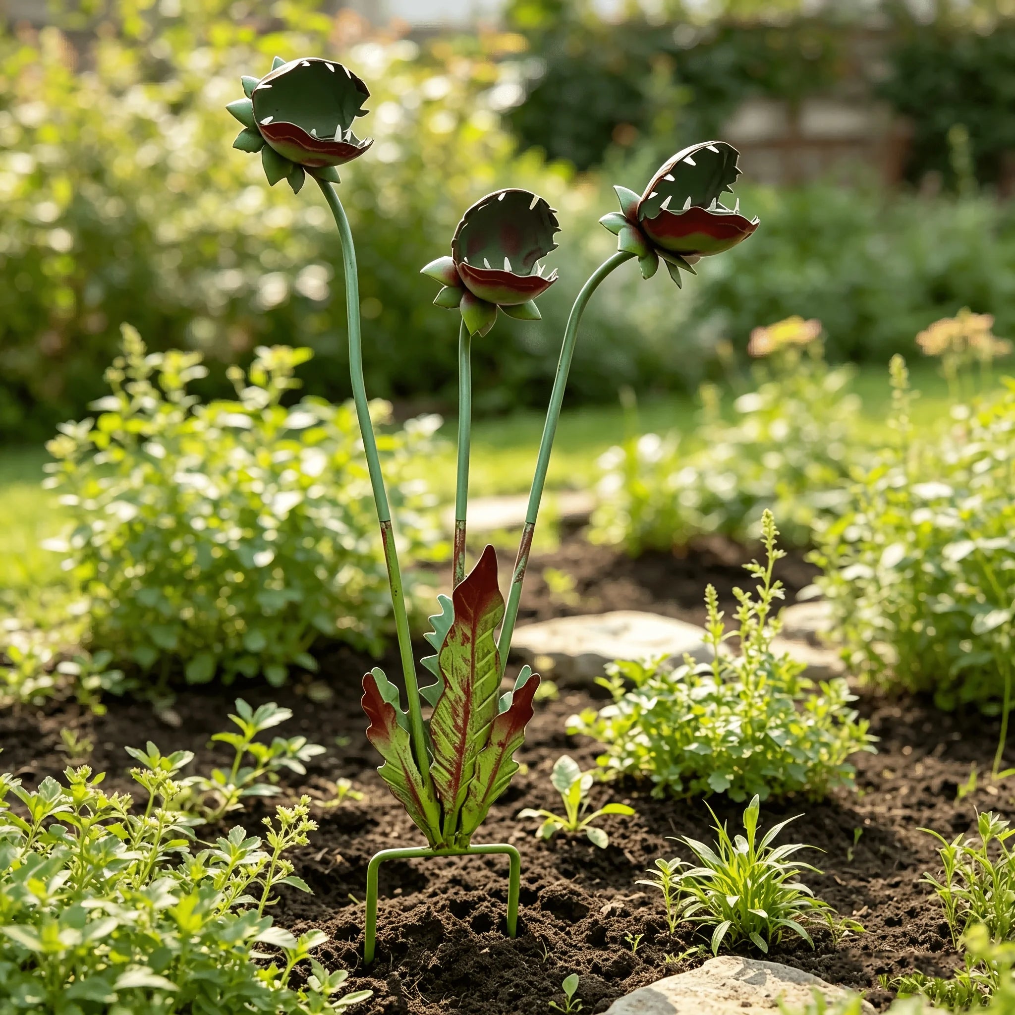 Venus Flytrap Garden Stake full view with three stems, decorative leaves and ground prongs in a flower bed