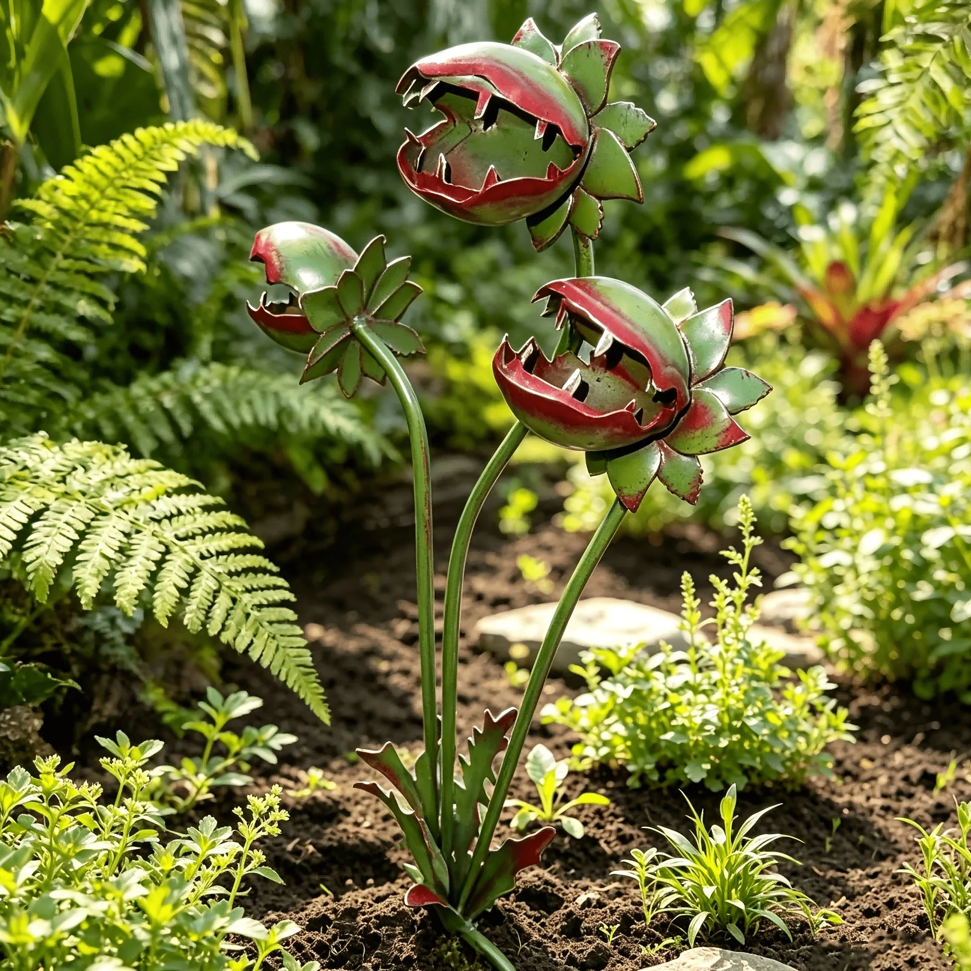 Venus Flytrap Garden Stake close-up showing three green and red metal carnivorous flower heads