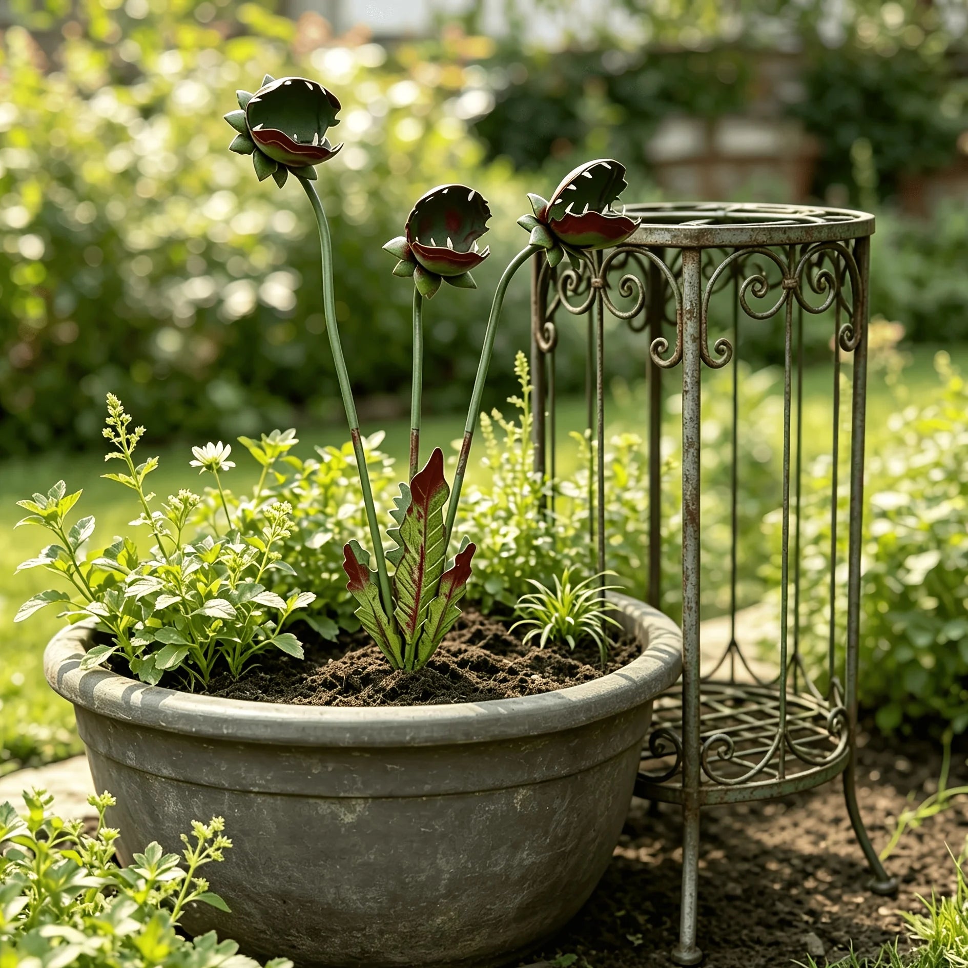 Venus Flytrap Garden Stake placed in a large outdoor planter beside a metal plant stand