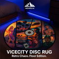 ViceCity Disc Rug by HighPeak with vibrant retro game-inspired design on a circular floor rug in a modern bedroom.