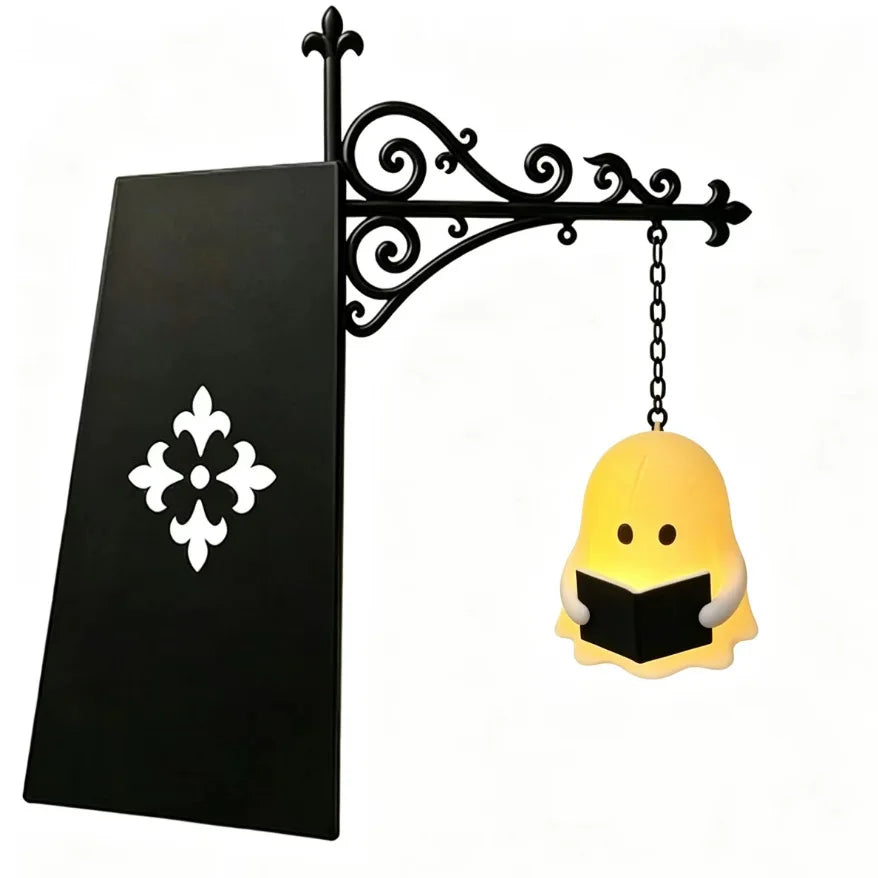 Vintage Bookshelf Lantern reading ghost holding a black book beneath an ornate bracket with flat backing