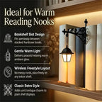 Vintage Bookshelf Lantern feature guide showing shelf placement, warm ambient light and ornate bracket styling