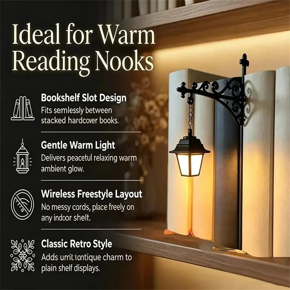 Vintage Bookshelf Lantern feature guide showing shelf placement, warm ambient light and ornate bracket styling