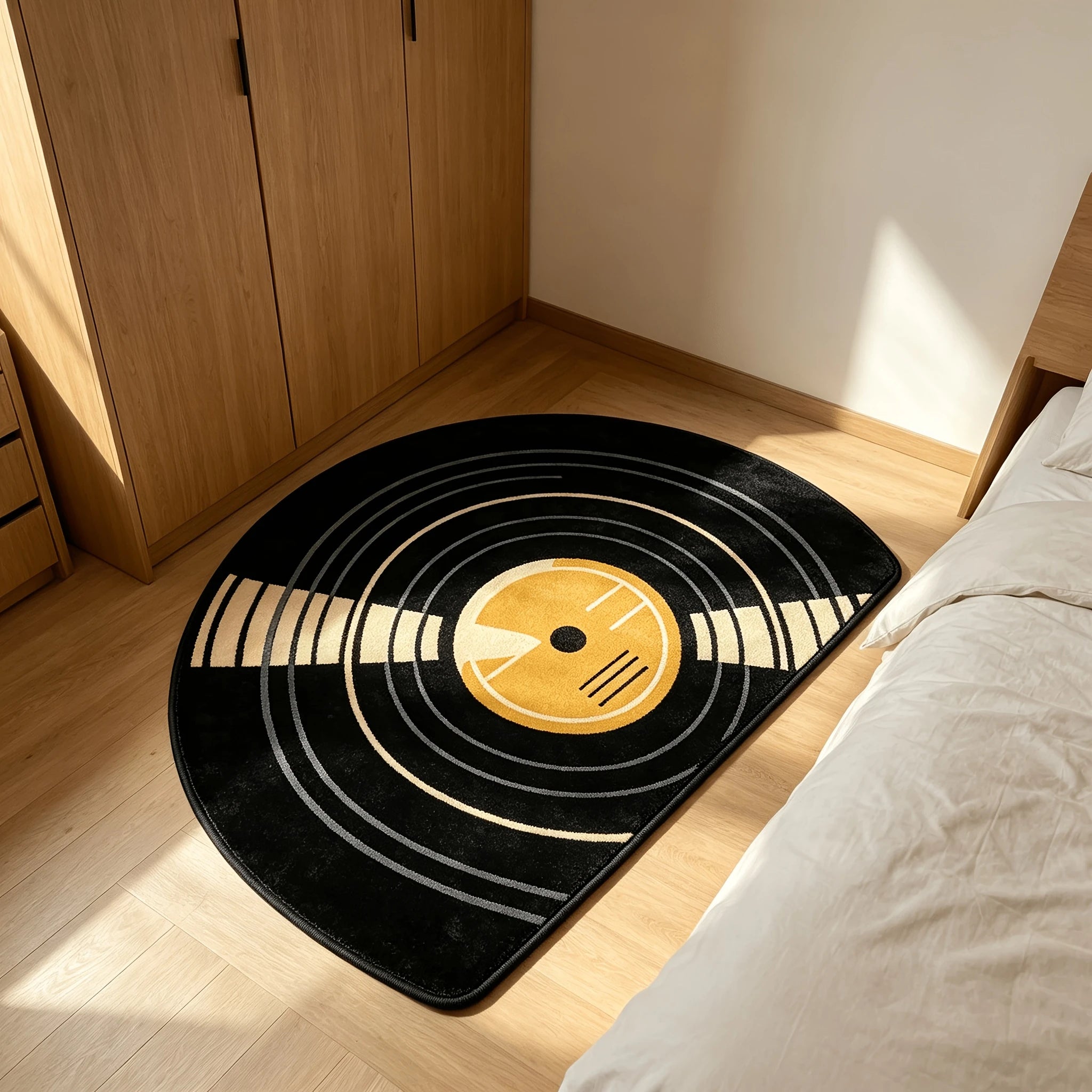 Vinyl Record Doormat with half-circle music design placed on a wood floor beside a bed