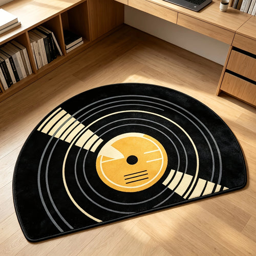 Vinyl Record Doormat with black and golden record design displayed on a wood floor in a home office