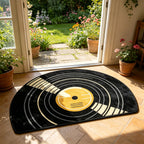 Vinyl Record Doormat shown across a sunny indoor doorway with a garden visible outside