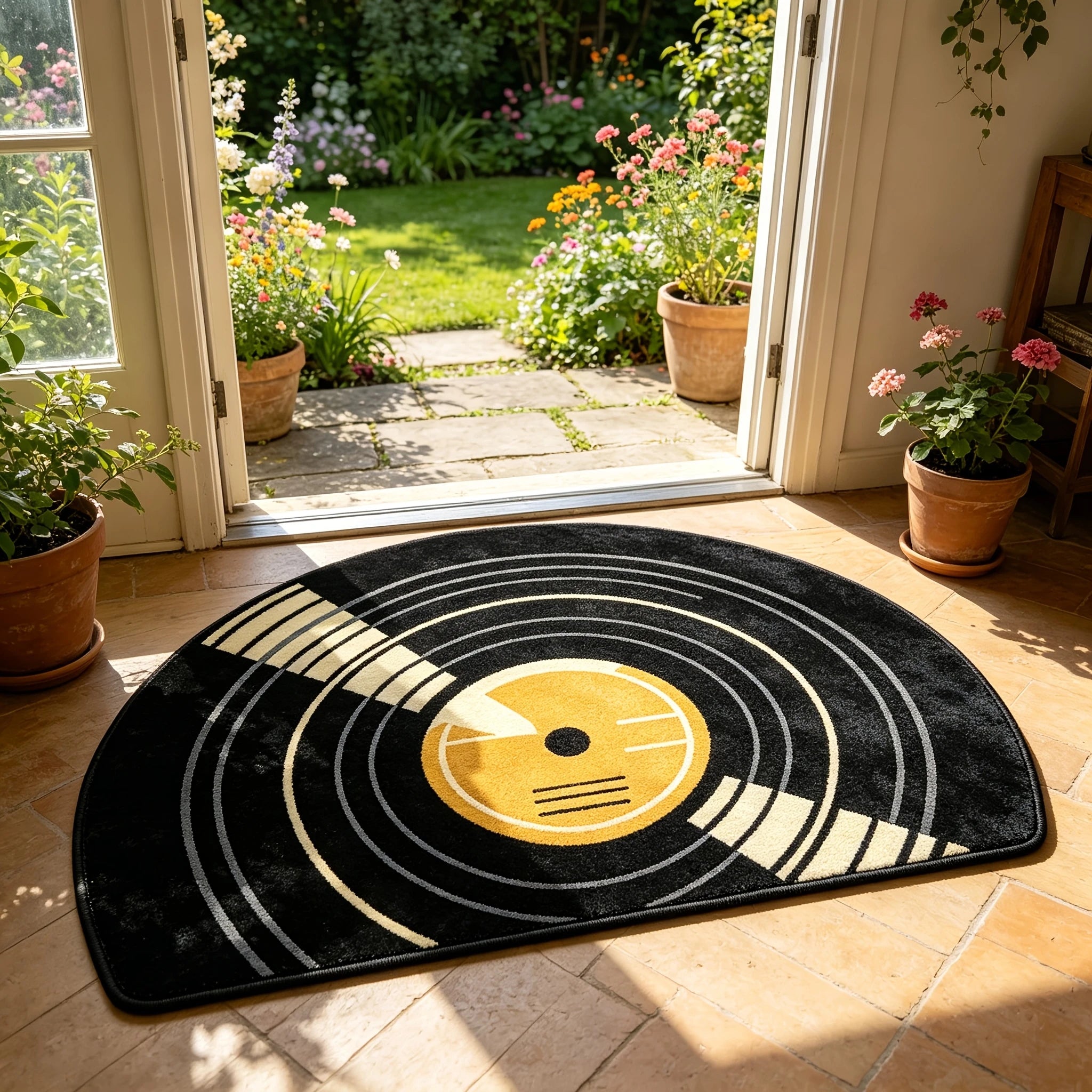 Vinyl Record Doormat shown across a sunny indoor doorway with a garden visible outside